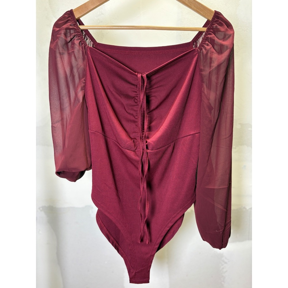 SHEIN Curve Womens 0XL Burgundy Ribbed Bodysuit Mesh Balloon Sleeve Square Neck
